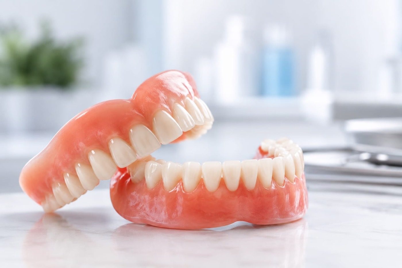 A full set of natural-looking upper and lower dentures