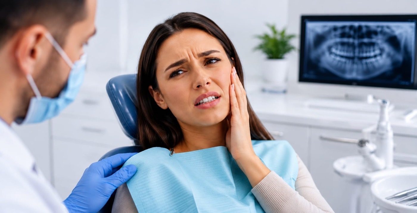 A patient holding their jaw in pain during an emergency dental visit