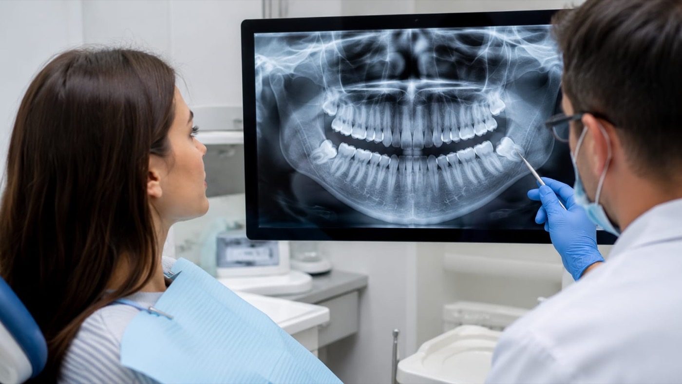 A dentist reviewing a patient's X-ray before treatment at Mount Druitt Dental